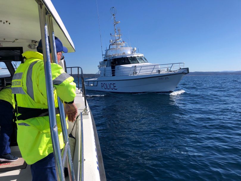 Marine Rescue NSW crews from Bermagui and Meribumla and Eden Water Police comb the sea, Aug 15. Photo: Twitter @MarineRescueNSW.