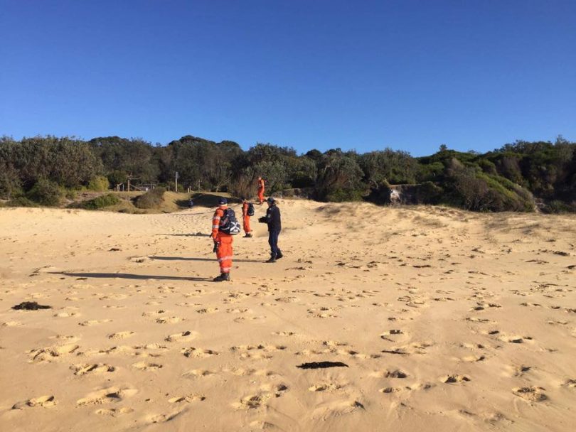 A Victorian man remains missing after a day of searching along the coastline between Bermagui and Tathra. Photo: Bega Valley SES Units Facebook.