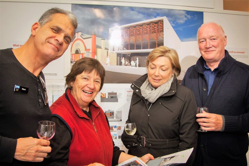 Narooma Chamber of Commerce President Matt Deveson, left, Narooma School of Arts secretary Laurelle Pacey, Cath and Graham Peachey at the opening of the Narooma Arts and Community Centre exhibition. Photo: Cat Wilson.