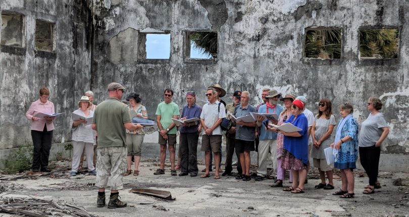 A spontaneous rehearsal in the ruins of the Portuguese Customs Post at Betano. Photo: Supplied. 