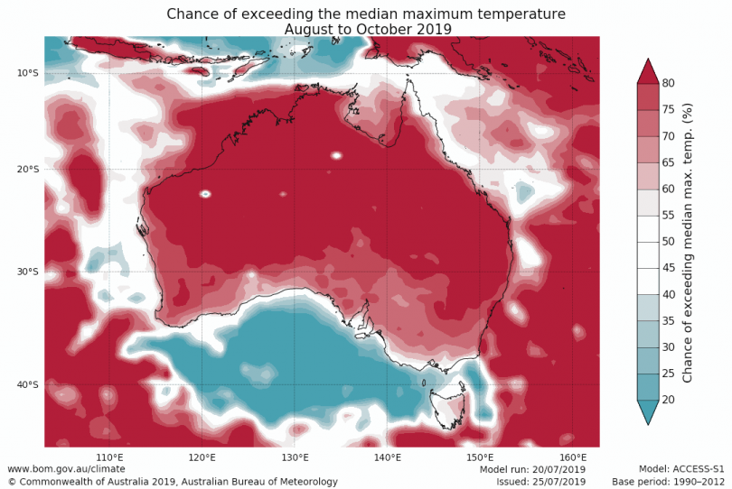 Red areas showing higher than average temperatures across Australia. Photo: BOM. 