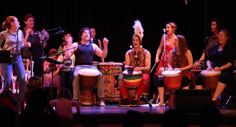 David Hewitt (centre) from Stonewave Taiko with members of Bembakan and special guests musicians at the Bega Big Groove in 2018. Photo: Supplied.