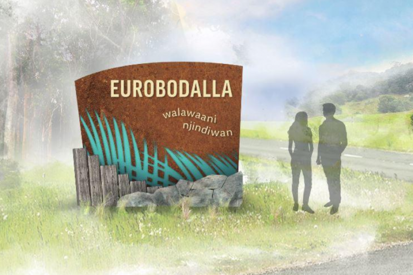 This mock-up of the new entrance signs to be installed across Eurobodalla towns does not include the laser cut representation of umbarra, or black duck. Photo: Supplied. 