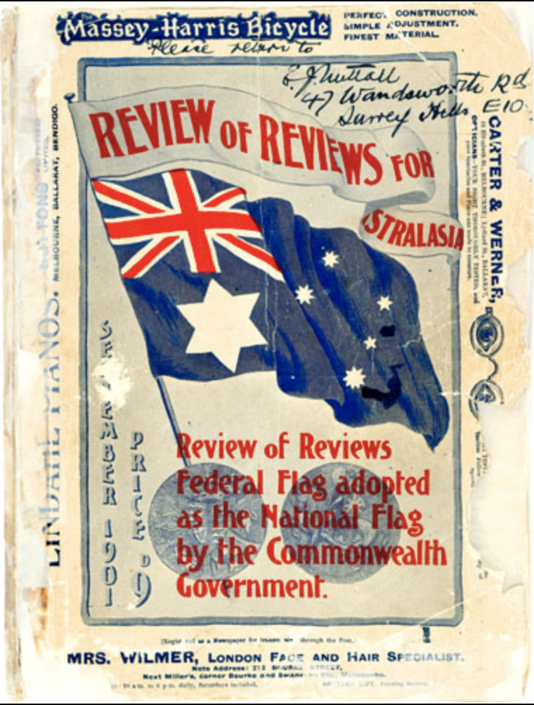 The edition of the Review of Reviews front cover signed by Egbert Nuttall, after the winning designers of the 1901 Federal Flag design competition were announced. Photo: WIkipedia