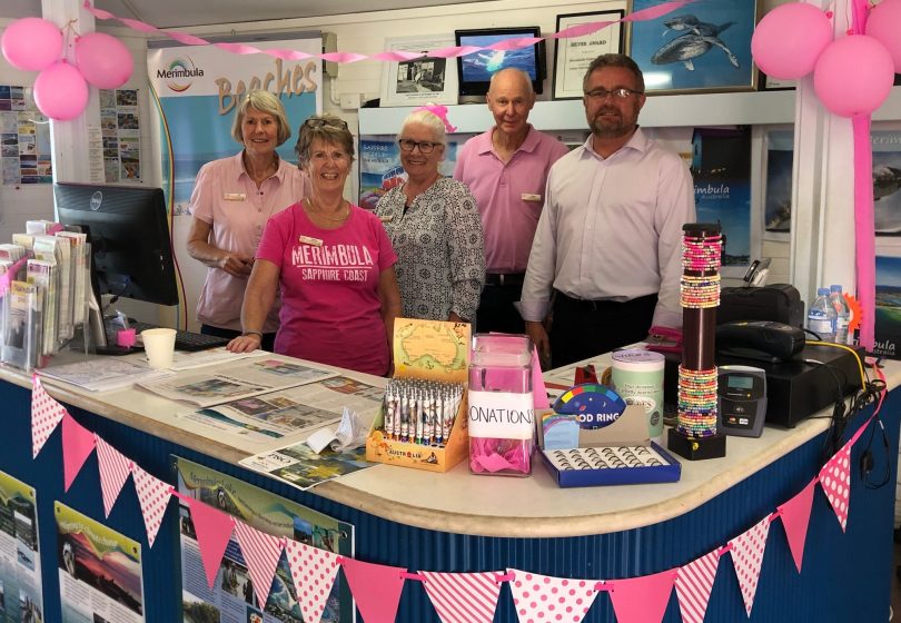 Liz Baillie, Davina Hewes, Maryanne Palmner, Steve Goodchild, and Kevin Philistin in the current visitors centre, celebrating Pink Day in the CBD. Photo: Ian Campbell.
