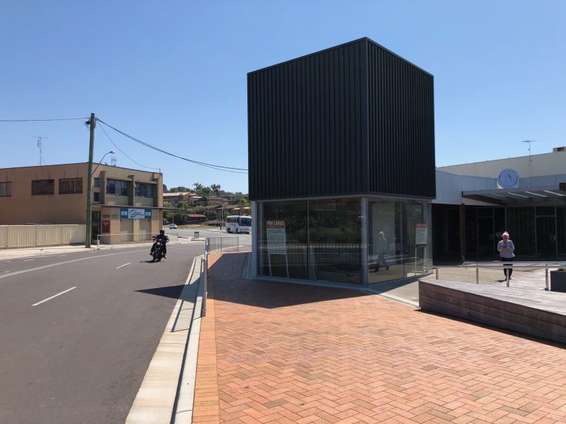 The new Merimbula Visitor Information is in the corner of the new look Counterpoint Arcade. A big yellow 'i" will go on each side of the boxed entry. Photo: Ian Campbell.