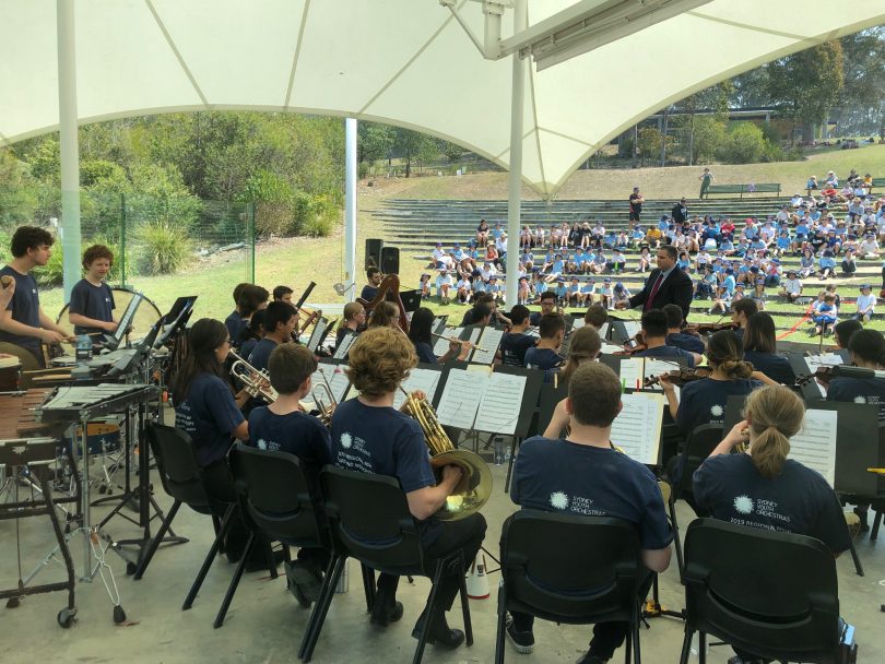 The Western Sydney Youth Orchestra performing in the Sound Shell for local school kids on Friday. Photo: Ian Campbell.