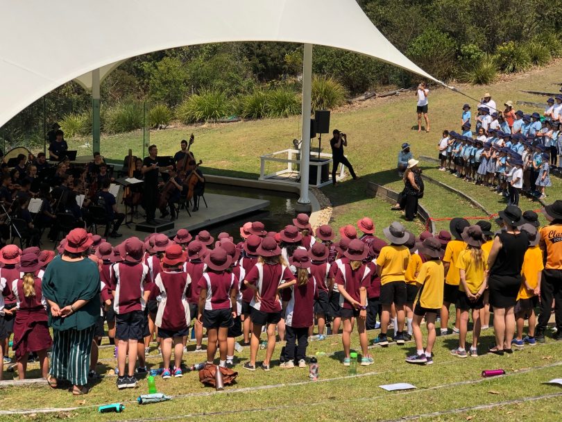 School children from Bermagui, Candelo, Narooma, Tanja, and Tathra taking part in Friday's launch of the Spring Music Festival. Photo: Ian Campbell.