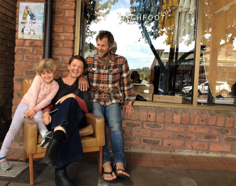 Florence, Patricia and Jed outside their Pambula business, Switchfoot Boardstore. Photo: Elka Wood. 