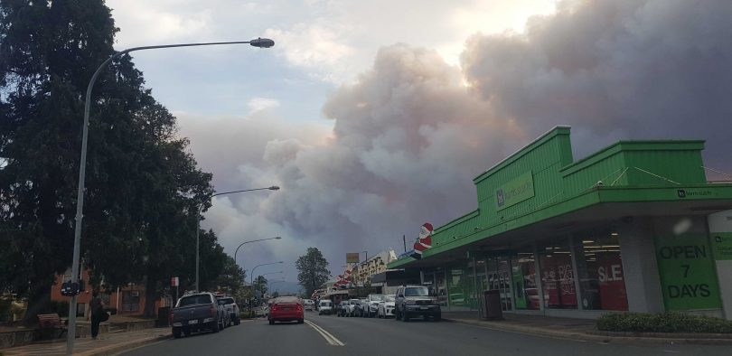 Moruya's main street with bushfire smoke in background