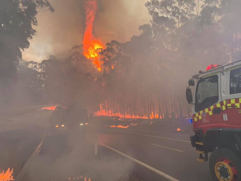 The Currowan fire burning along the Kings Highway, west of Batemans Bay in January 2020.