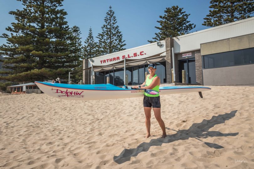 Mel Meaker has been training by paddling up to 24kms on her 10kg surf ski. Photo: Dave Rogers