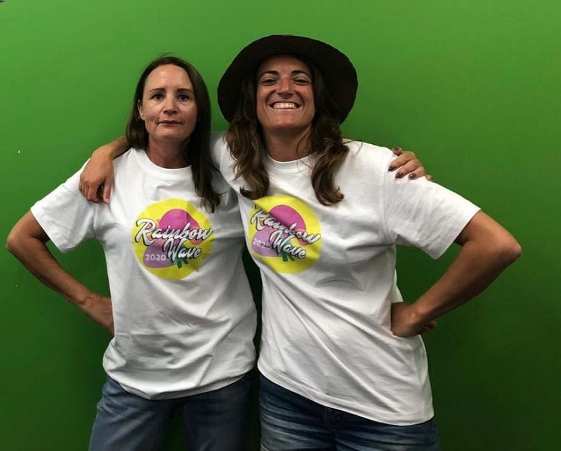 Headspace Bega peerworkers in the 2020 Rainbow Wave t-shirt, available at Merimbula Visitors center. Photo: Supplied. 