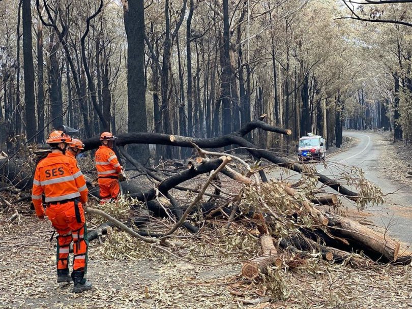 SES crews from the Shoalhaven and Eurobodalla are helping in the event to clear and reopen roads impacted by bush fire, seen here on the Princes Highway at Benandarah. Photo: Batemans Bay SES Facebook.