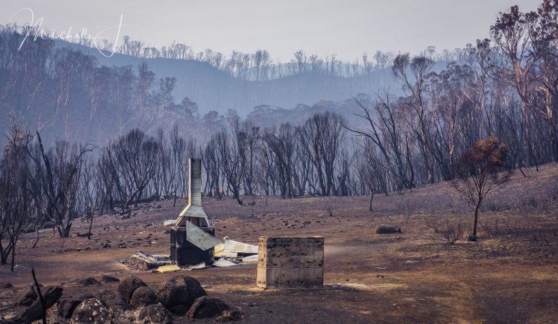 Destroyed Delaney's Hut after bushfire