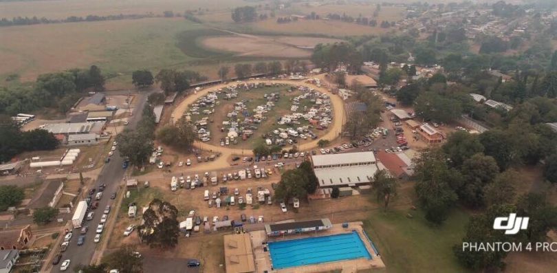 An arial shot of the fire evacuees at the Bega Showgrounds. Photo: Cobargo/Bermagui noticeboard Facebook.