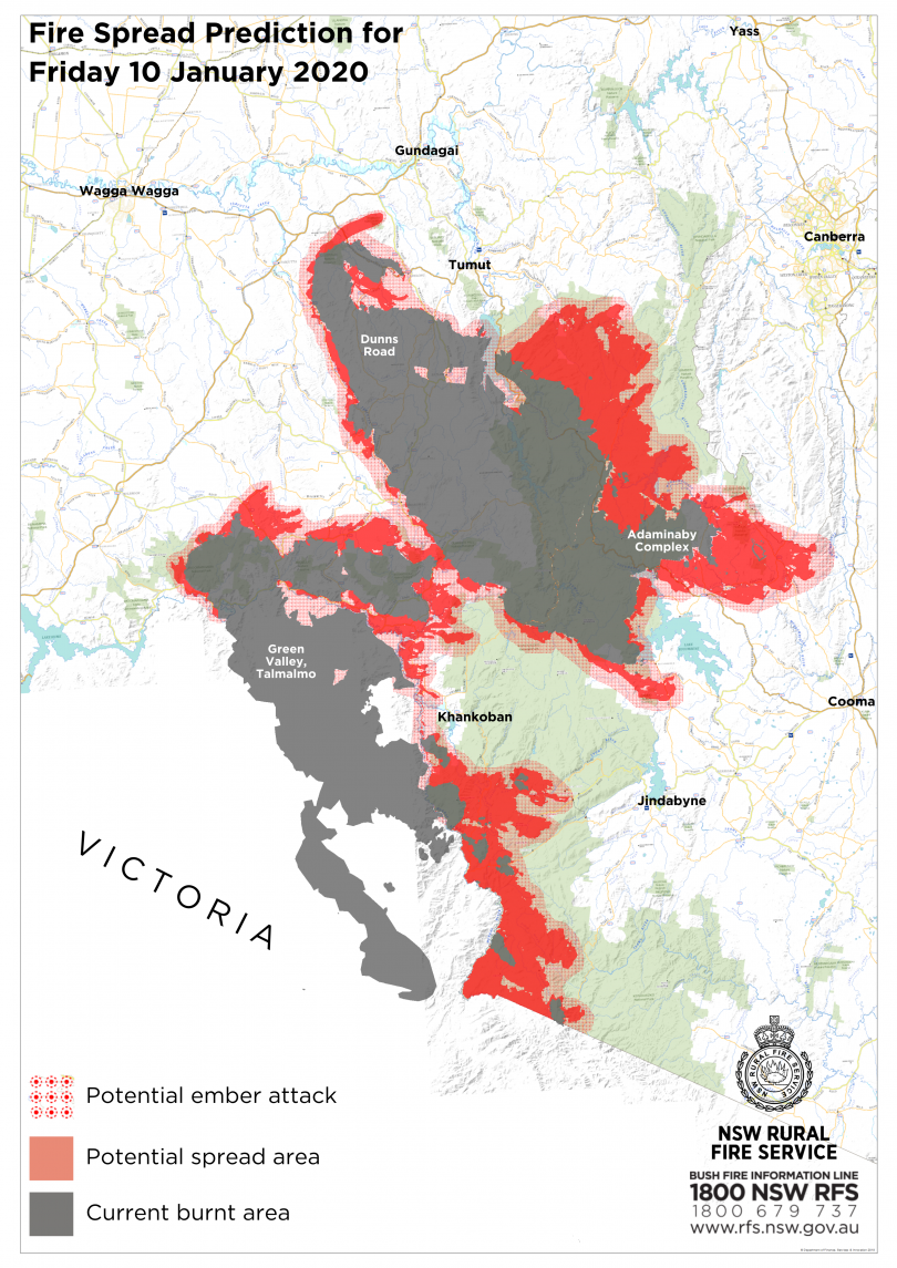 The RFS fire prediction spread map for 10 January 2020