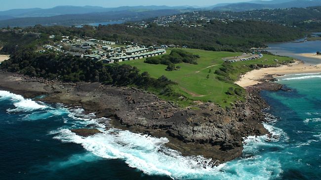 Aerial view of coastline and Short Point Recreation Reserve in Merimbula.