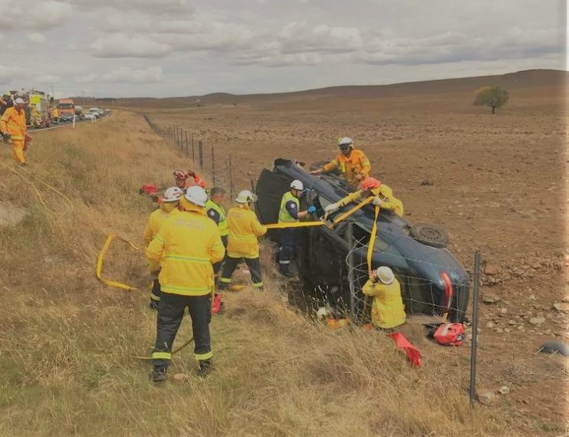 Rural Fire Service crew attend to single car accident south of Cooma.