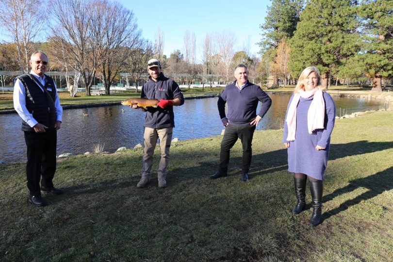 From left: Peter Beer, Matthew Caldwell, John Barilaro and Bronnie Taylor at Gaden Trout Hatchery.