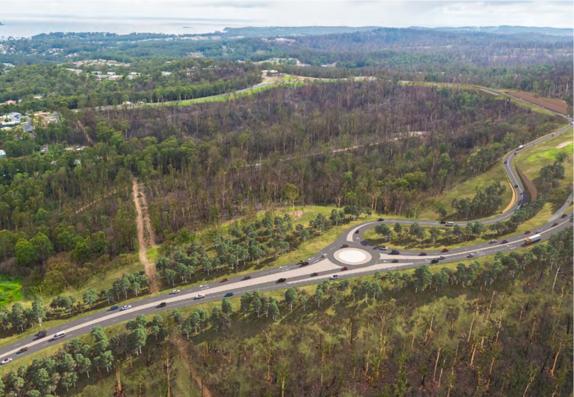 Artists impression of new roundabout through bushland on Princes Highway and Glenella Road, Batemans Bay.