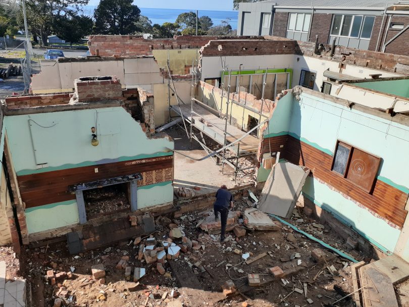 Aerial view of demolished kitchen at Eden's Hotel Australasia.