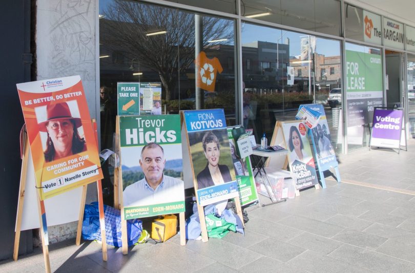 Eden-Monaro by-election campaign signs outside pre-polling centre in Queanbeyan.