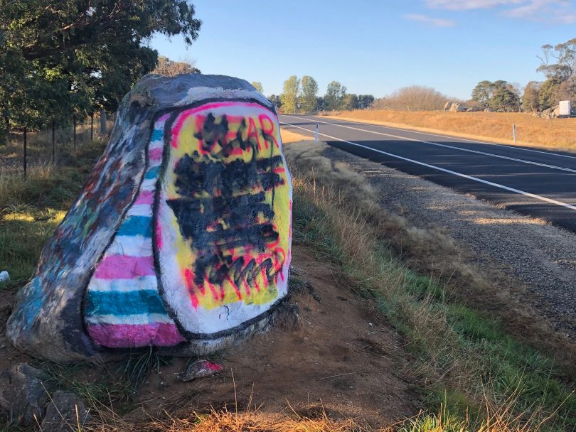 "Black Lives Matter" messages spray painted over on "birthday rock" on Kings Highway.
