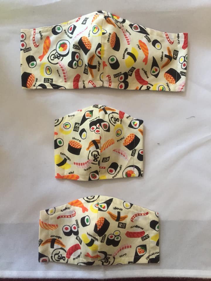 Fabric face masks with sushi design from Japanese Creations.