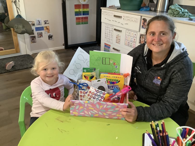 Ruby (left) and educator Belinda (right) with a 3Bs Playgroup activity kit.