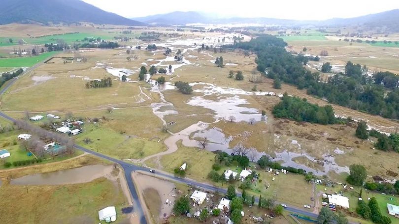 Aerial view of saturated Araluen Valley following heavy rainfall.