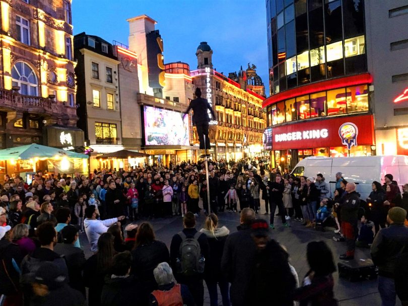  Rhys Davies performing to a large crowd at Leicester Square in London.