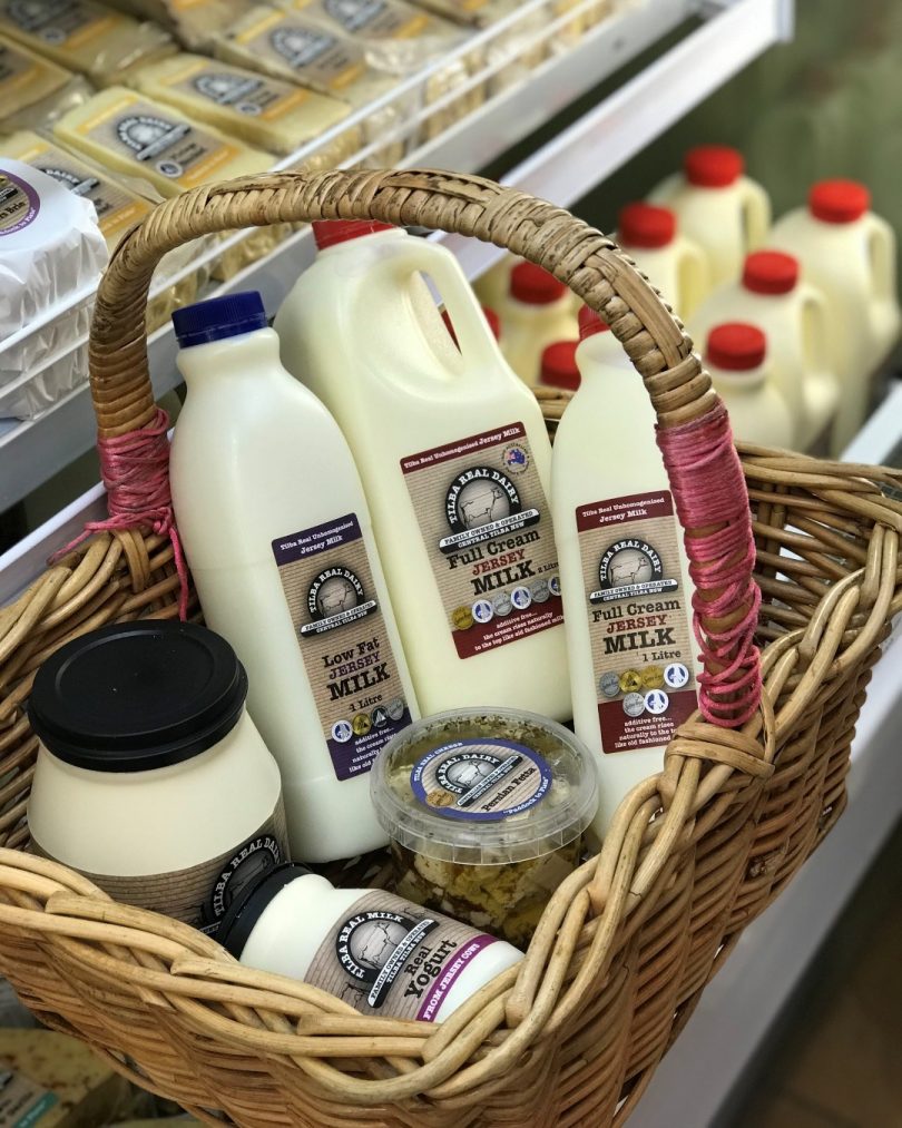 Basket of dairy products from Tilba Real Dairy. 