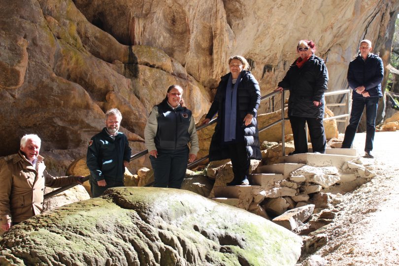 From left: John Stafford, Dave Lonergan, Ange Lonergan, Wendy Tuckerman, Colleen Worthy, Dave Crust standing in Wombeyan Caves.