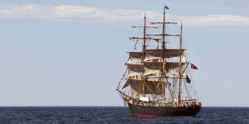 James Craig heritage ship sailing in open water.