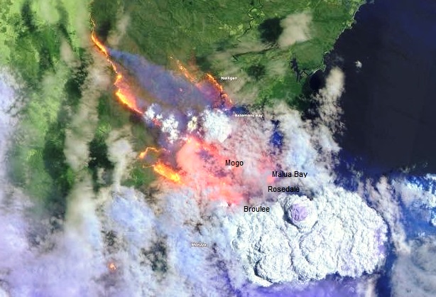 Satellite image of bushfires in Batemans Bay region.