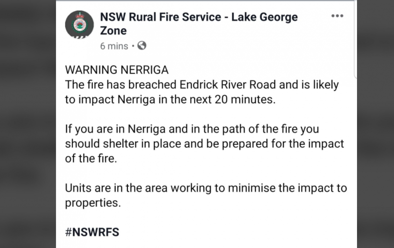 Screenshot of NSW Rural Fire Service warning during Black Summer bushfires.