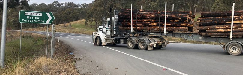 Logging truck turning at intersection of Batlow Road and Snowy Mountains Highway.