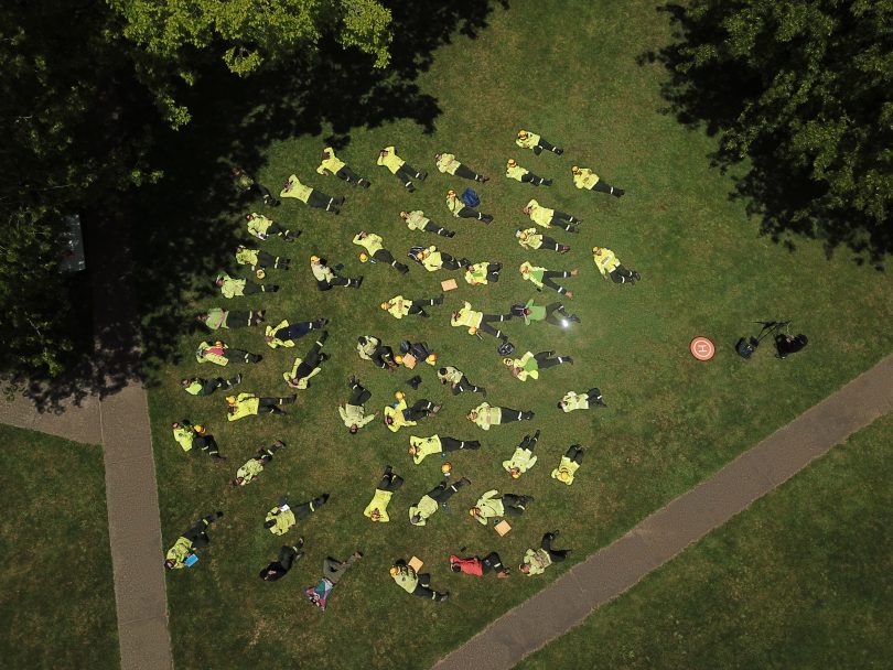 Aerial view of socially distant Forestry Corporation firefighters at Laurel Hill bootcamp.