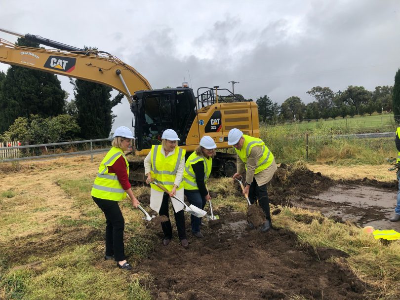 Melinda Pavey, Rowena Abbey, Wendy Tuckerman and Jim Molan turn the first sod for stage one of the Barton Highway duplication