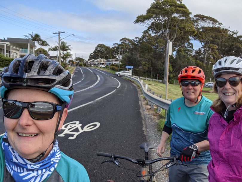 Batemans Bay Cycles owners Vicki and Kate with Kate McDougall on Beach Road.