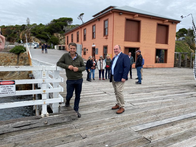 Andrew Constance and Russell Fitzpatrick at Tathra Wharf.