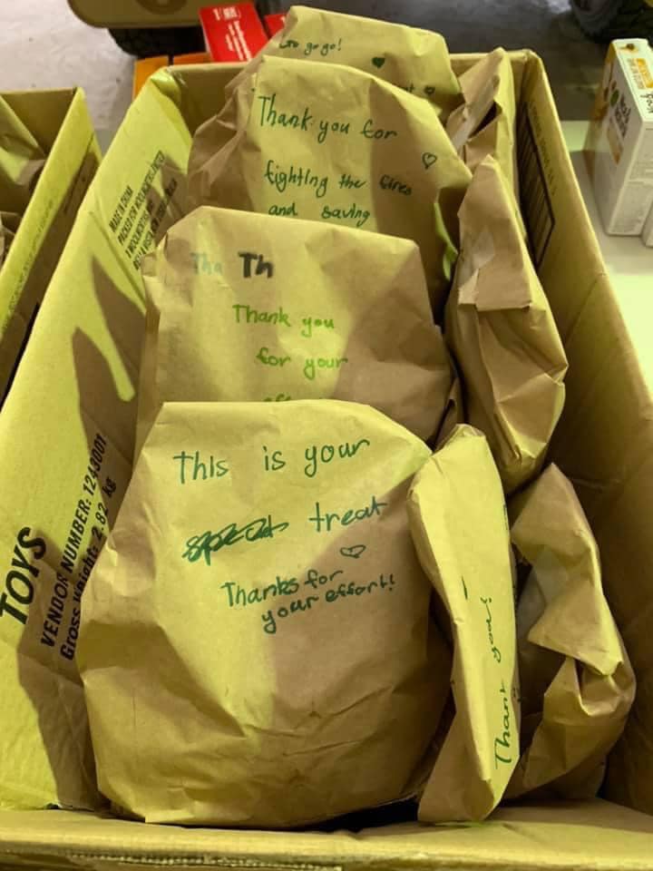 Bags of treats Emerald made for weary firefighters.