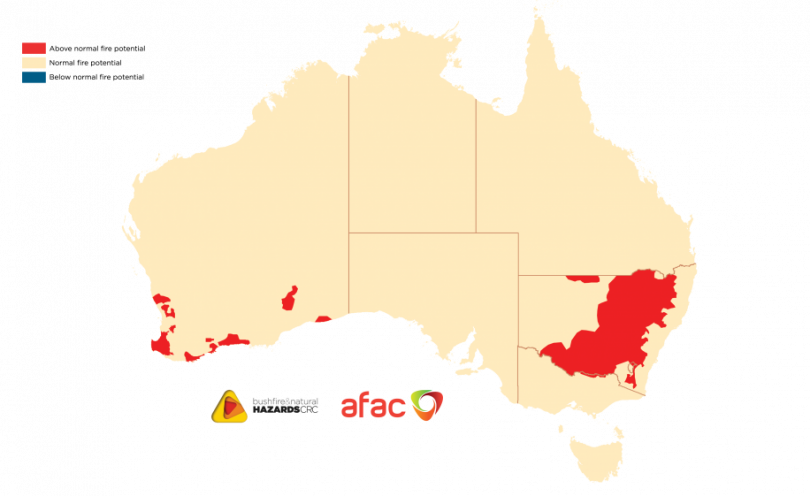 A map showing large parts of NSW and the ACT at risk of grass fires this summer.