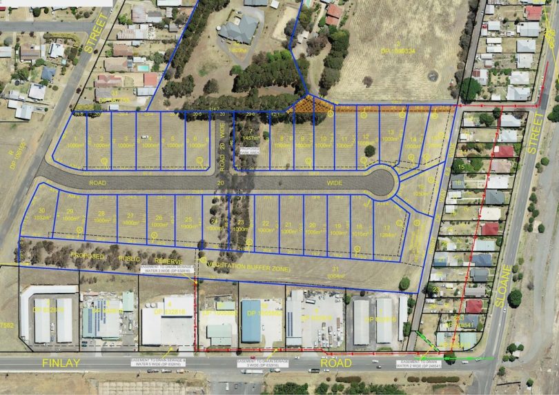 Overlay map of proposed inner-city subdivision in Goulburn, off Hovell Street.