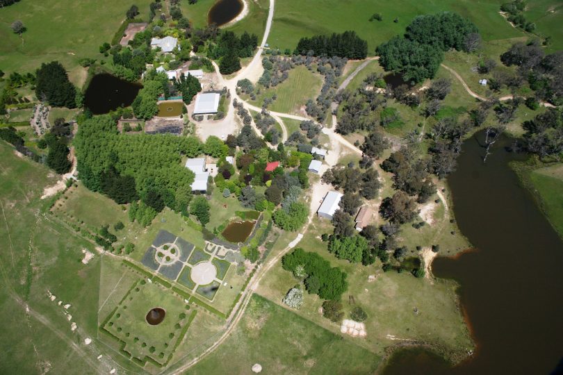 An aerial view of Crisp Galleries and gardens in Yass Valley.