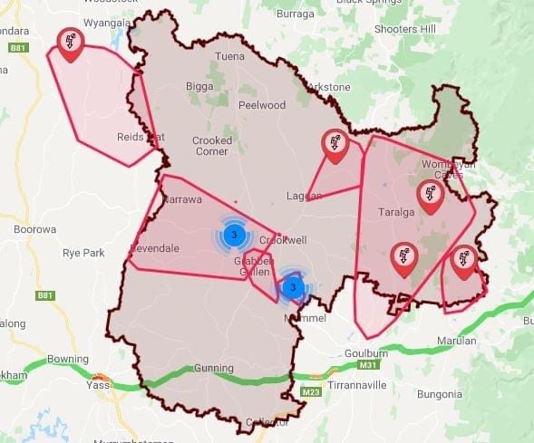 A map showing power outages around Crookwell.