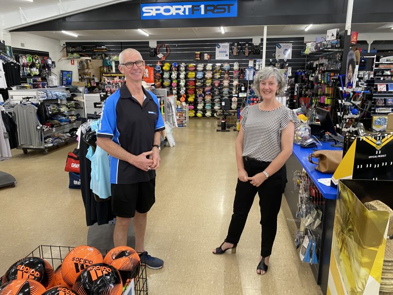 Tim Dalrymple and Teresa Lever standing in Sportfirst store.