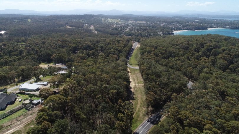 Aerial view of preliminary work to realign section of George Bass Drive between Surf Beach and Lilli Pilli.