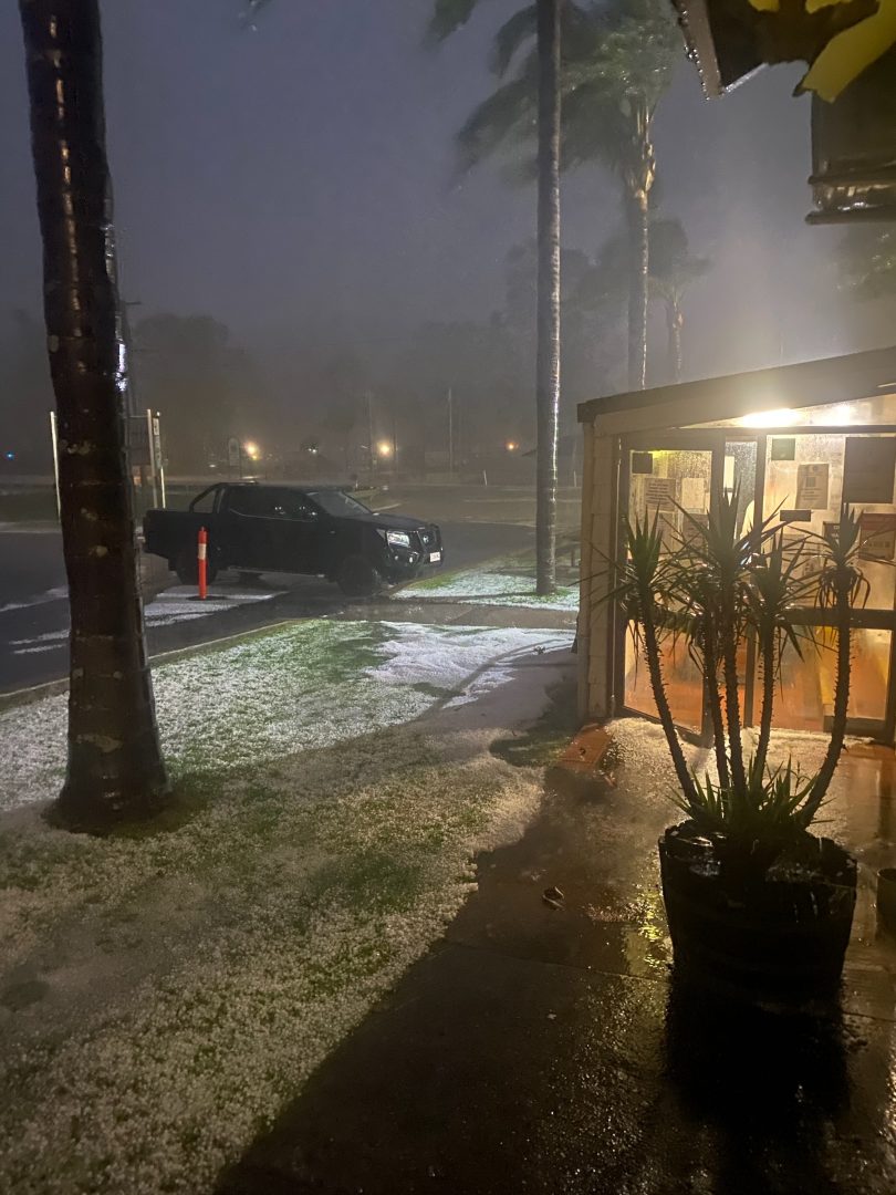 The Steampacket Hotel at Nelligen after a hail storm at night.